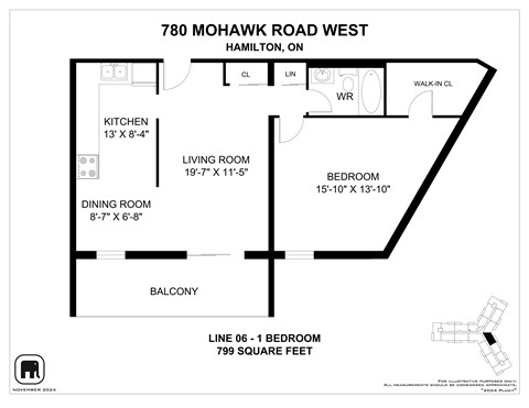 A floor plan for a one bedroom apartment at 780 Mohawk Road West, Hamilton, ON.